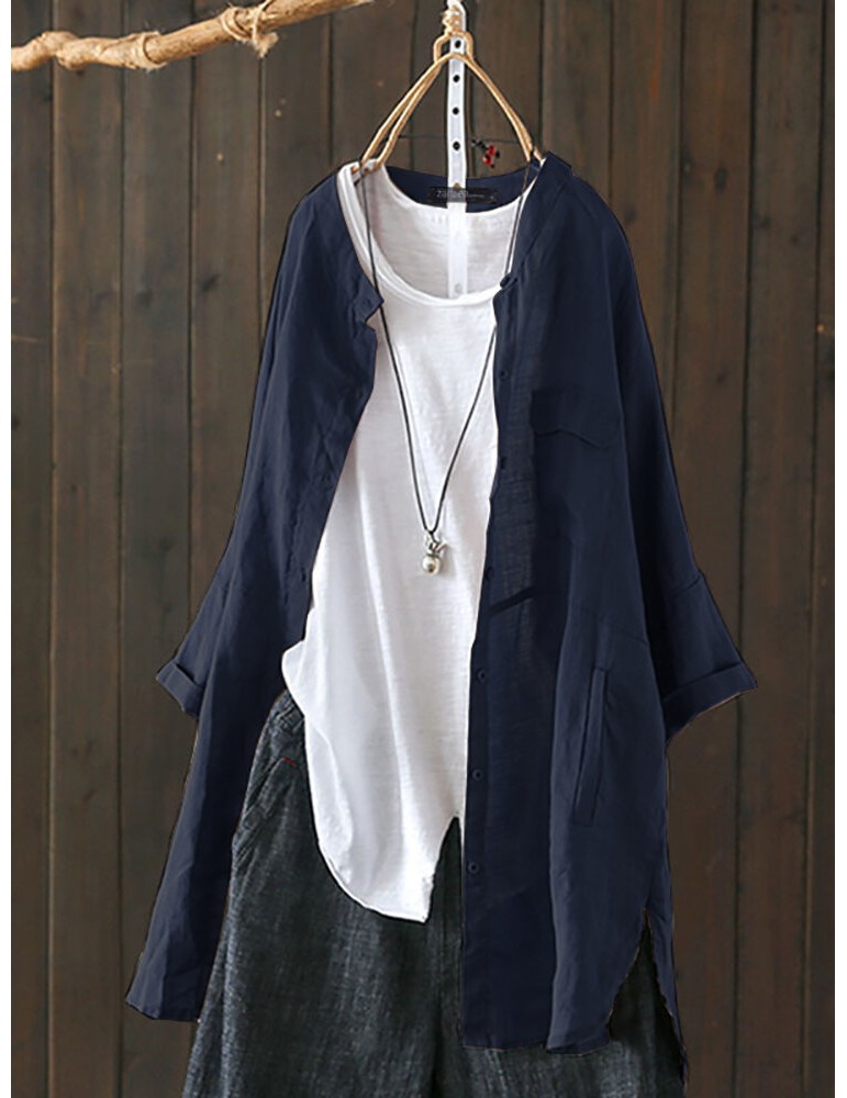 Blouses & Shirts - S-5XL Women Long Sleeve Button Down Cotton Asymmetric Vintage Blouse