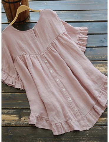 Solid Color O-neck Ruffle Sleeve Plain Casual Blouse For Women