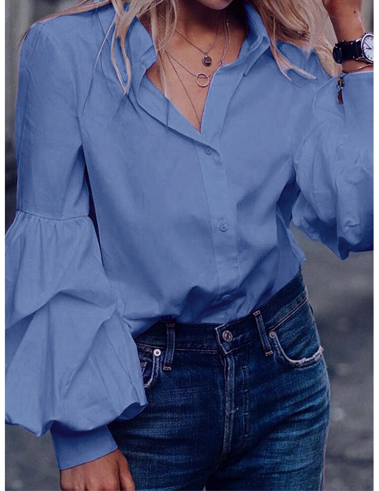Blouses & Shirts - Solid Color Turn-down Collar Long Puffs Sleeve Blouse For Women