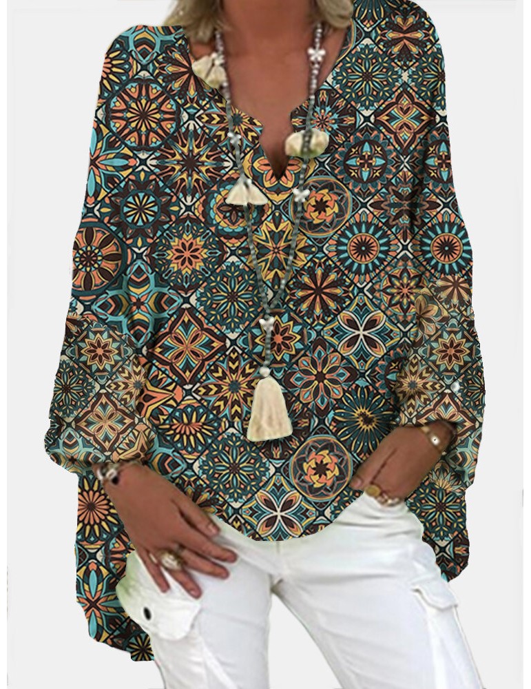 Blouses & Shirts - Women Vintage Geometric Printed V-Neck Loose Blouses
